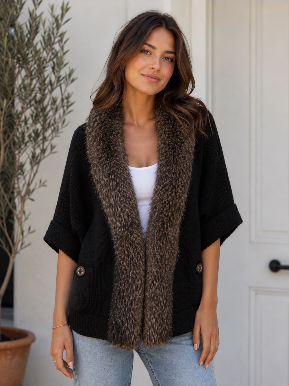 Alberto Malaki Open Cardigan Wool Blend Knit Sweater with Faux Fur Trim